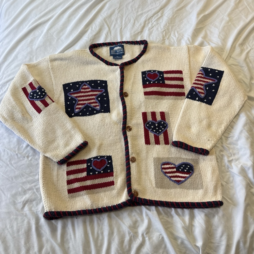 Vintage 90s Rey Wear Cotton Hand Knit Patriotic Cream Cardigan Sweater